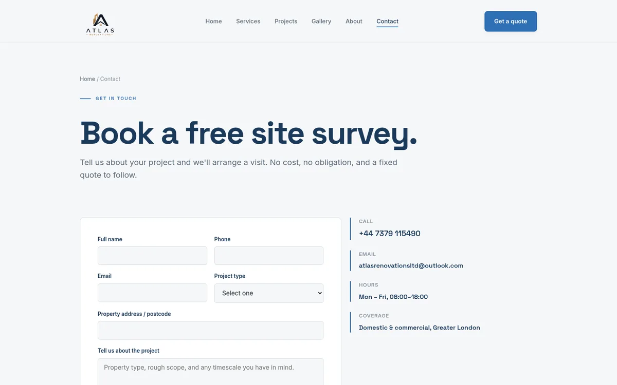 Atlas Renovations contact page